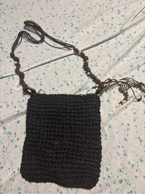 Boho Handwoven Black Crossbody Bag with Beaded Strap